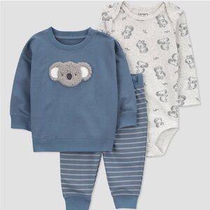 Carters NEW Blue Grey Koala Bear Print Three Piece Long Sleeve Set Size 6 Months